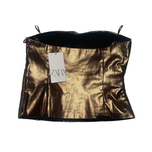 NEW Zara Corset Tube Top Womens Sz Medium Metallic Bronze Gold Strapless Ruched - Picture 4 of 7